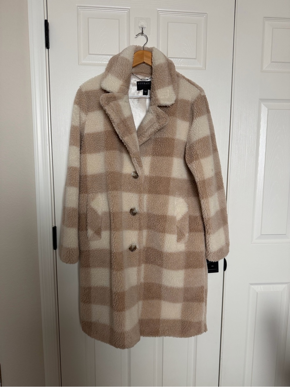 Bernardo Beige & Cream Plaid Faux Shearling Coat SizeL